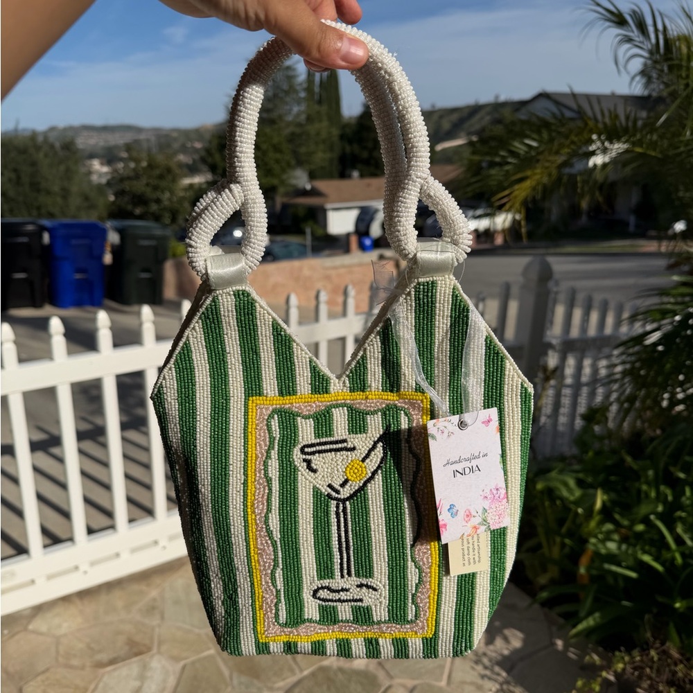 Green & White Stripped Beaded Martini Bag/Purse (Viral tiktok bag Made in India)